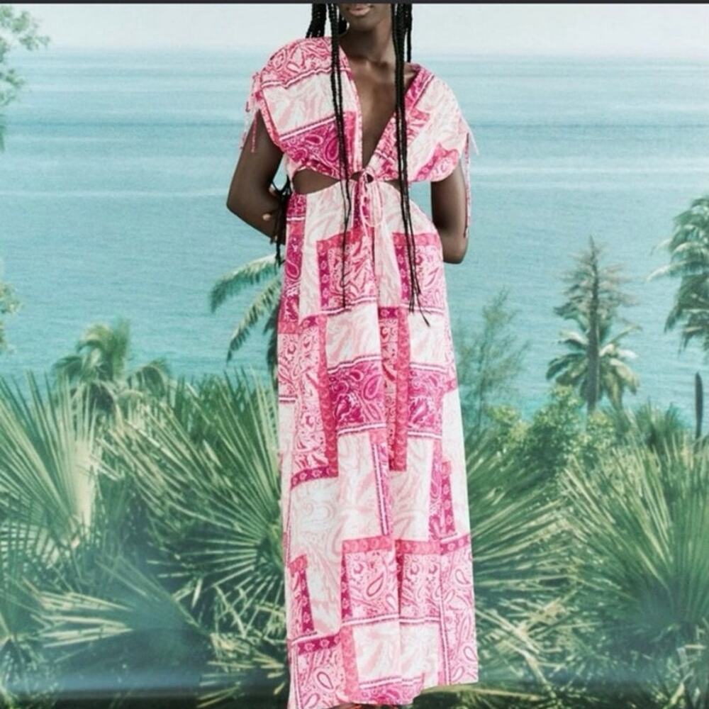 Zara Patchwork Paisley Cotton Maxi Dress Cutout Side M Pink NWT Blogger Favorite